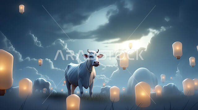 مجسمات ثلاثية الابعاد لبقرة في اجواء عيد الاضحى المبارك , خلفية الفوانيس المضيئه, تربية المواشي والحيوانات في المحميات الطبيعيه, رسومات بيانية ثري دي لحيوانات الثدي