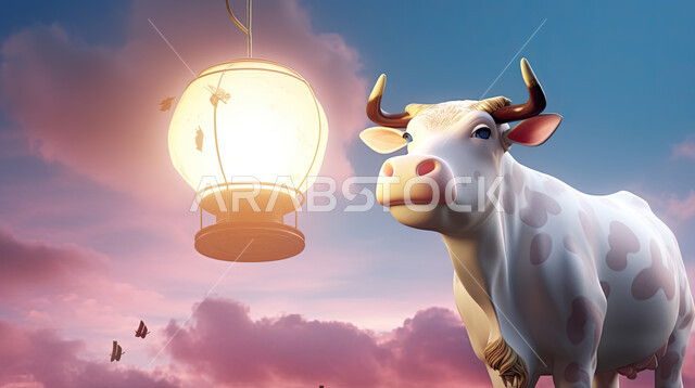 مجسمات ثلاثية الابعاد لبقرة في اجواء عيد الاضحى المبارك , خلفية الفوانيس المضيئه, تربية المواشي والحيوانات في المحميات الطبيعيه, رسومات بيانية ثري دي لحيوانات الثدي