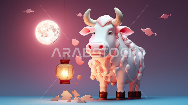 مجسمات ثلاثية الابعاد لبقرة في اجواء عيد الاضحى المبارك , خلفية الفوانيس المضيئه, تربية المواشي والحيوانات في المحميات الطبيعيه, رسومات بيانية ثري دي لحيوانات الثدي
