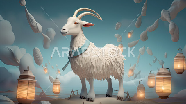 Raising animals and livestock in nature reserves, the atmosphere of Eid al-Adha, the background of luminous lanterns, the pet goat