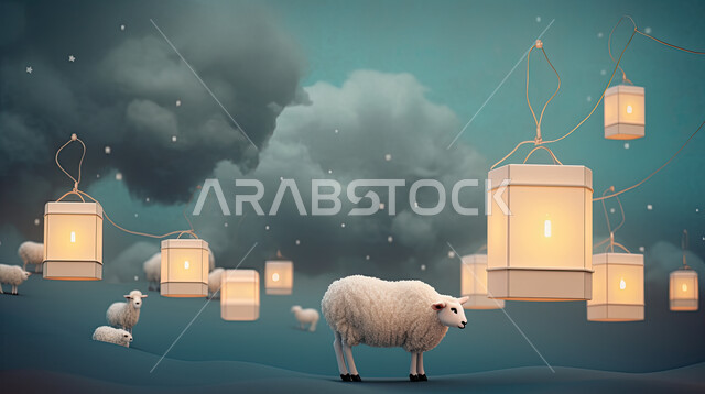 خلفية الفوانيس مضيئه، اجواء عيد الاضحى المبارك , كبش أليف, تربية المواشي والحيوانات في المحميات الطبيعيه
