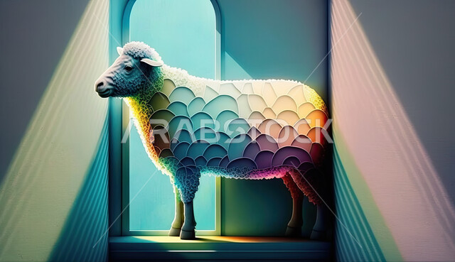 أعياد دينيه إسلاميه ، مجسم ثلاثي الابعاد لحيوان الخاروف الملون المزخرف ، رسوم بيانيه ثري دي لحيوان الغنم الثدي الاليف، قربان و أضحية عيد الاضحى المبارك، خلفية ملونة