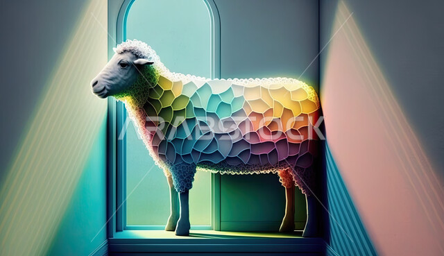 أعياد دينيه إسلاميه ، مجسم ثلاثي الابعاد لحيوان الخاروف الملون المزخرف ، رسوم بيانيه ثري دي لحيوان الغنم الثدي الاليف، قربان و أضحية عيد الاضحى المبارك، خلفية ملونة