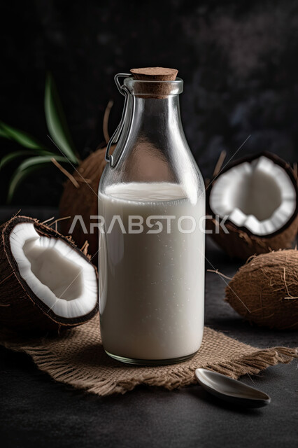 اناء من عصير فاكهه النارجيل ,صورة مقربه لفاكهة جوز الهند  ، منتجات محليه,  فواكه صحيه موسميه طازجه ،محاصيل زراعية سعودية,  خلفية سوداء