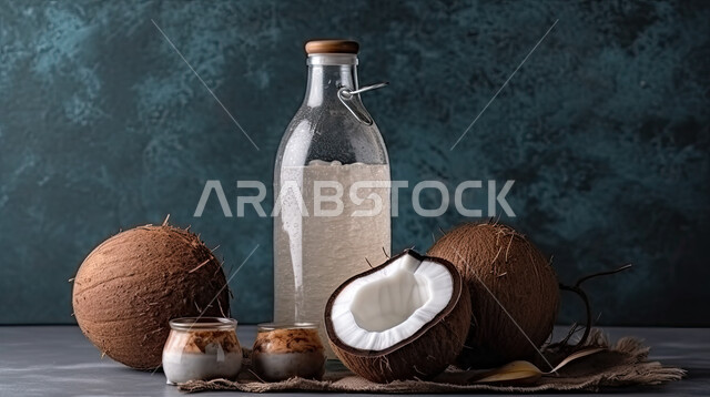 اناء من عصير فاكهه النارجيل ,صورة مقربه لفاكهة جوز الهند  ، منتجات محليه,  فواكه صحيه موسميه طازجه ،محاصيل زراعية سعودية,  خلفية سوداء