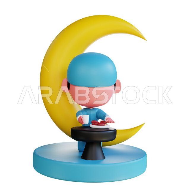 مجسم ثلاثي الابعاد لولد مسلم يتناول الافطار بعد الصوم في شهر رمضان، العبادة والتقرب الى الله، قاعده دائرية زرقاء، خلفية هلال شهر الخير، خلفيه بيضاء