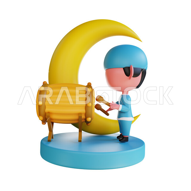 مجسم ثلاثي الابعاد لولد على قاعده دائرية زرقاء، خلفية هلال شهر الخير، تصميم ثري دي لطفل مسلم يقوم بقرع الطبول احتفالا بقدوم شهر رمضان المبارك، خلفيه بيضاء