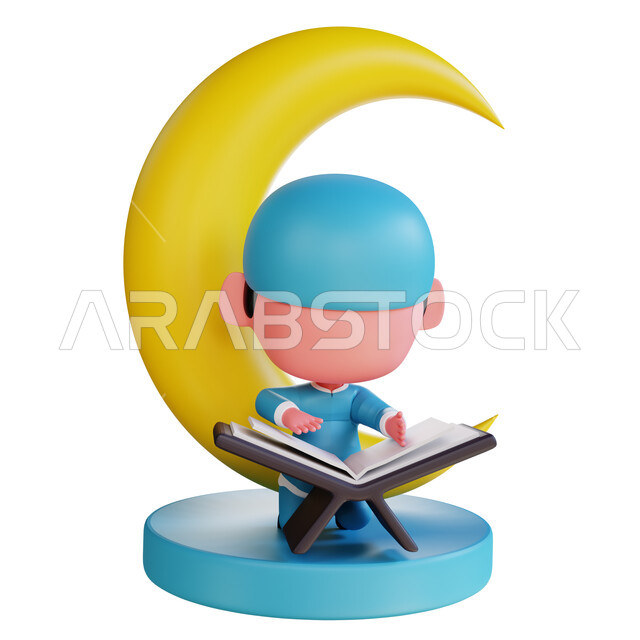 تصميم ثري دي لطفل مسلم يقوم بقراءة القرآن الكريم، مجسم ثلاثي الابعاد لولد على قاعده دائرية زرقاء، العباده والتقرب الى الله في شهر رمضان المبارك، خلفية هلال شهر الخير، خلفيه بيضاء