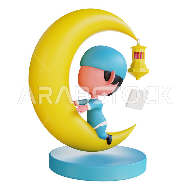 مجسم ثلاثي لطفل بايماءات تدل على الفرح والسرور بدخول شهر رمضان المبارك، تصميم ثري دي لولد مسلم يركب على هلال وفانوس شهر الخير، قاعدة دائرية زرقاء، خلفية بيضاء