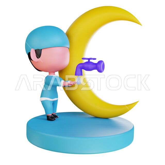 تصميم ثري دي لطفل مسلم يقوم بالوضوء استعدادا للصلاة، مجسم ثلاثي الابعاد لولد على قاعده دائرية زرقاء، العباده والتقرب الى الله في شهر رمضان المبارك، خلفية هلال شهر الخير، خلفيه بيضاء