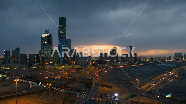 King Abdullah Financial District (KAFD), cloudy sky and clouds in Riyadh in the Kingdom of Saudi Arabia, towers and skyscrapers, architectural art, famous towers, landmarks and roads of Riyadh