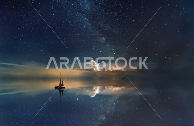 A sailing boat sailing in the seas and oceans, the Milky Way at night, the sky full of sparkling and shiny stars