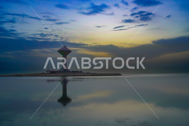 The engineering and architectural art of the water tank on the Khobar Corniche at sunset, the waterfront on the Red Sea coast, famous tourist attractions in the city of Dammam