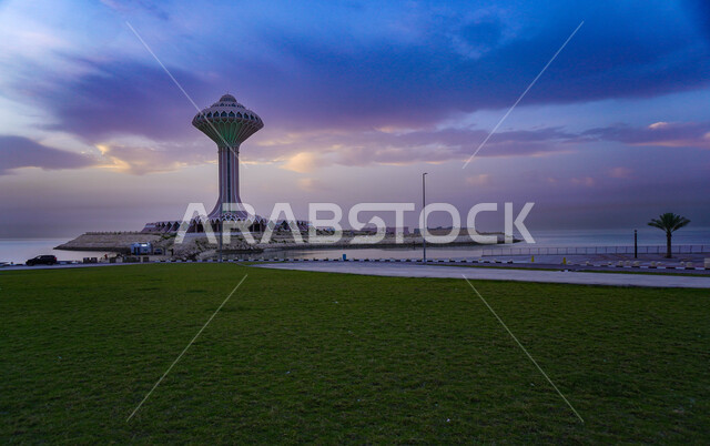 الفن الهندسي والمعماري لخزان الماء على كورنيش الخبر وقت غروب الشمس, الواجهه البحريه على ساحل البحر الأحمر, معالم سياحيه مشهوره في مدينة الدمام