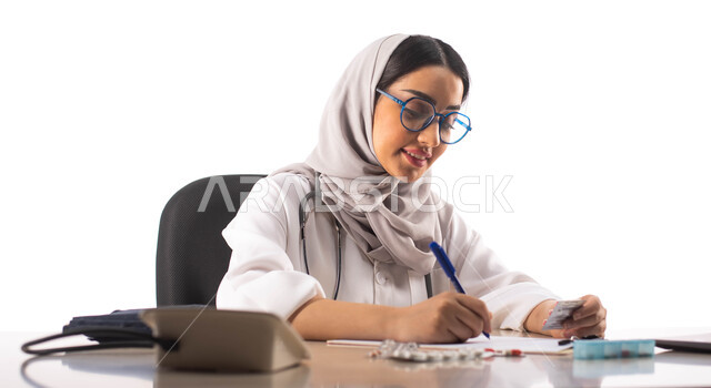 ايماءات تدل على السعادة, تقديم الاستشارات الطبية والخدمات,  كتابة وصفة طبية وطريقة العلاج, العمل في القطاع الطبي, بورتريه لطبيبة عربية خليجية سعودية محجبة ترتدي المعطف الطبي الابيض والنظارات الطبية , خلفية بيضاء