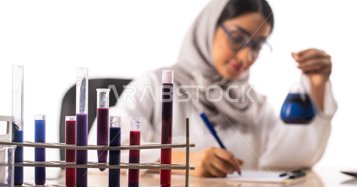 Taking notes and results, sitting in a chemistry lab, a portrait of a