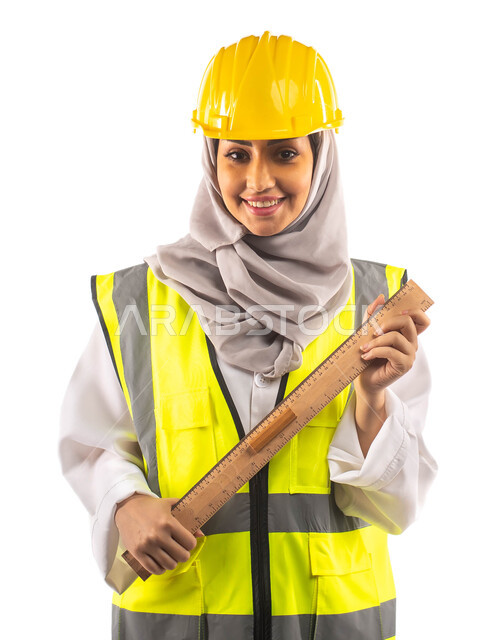 مخططات و تصماميم هندسية, ادارة المشاريع الهندسية،  بورتريه  لمهندسة معمارية عربية خليجية سعودية مبتسمة ترتدي خوذة وسترة الحماية الخاصة بالعمل وتحمل بيدها مسطرة خاصة بالهندسة, مهن و وظائف هندسية .