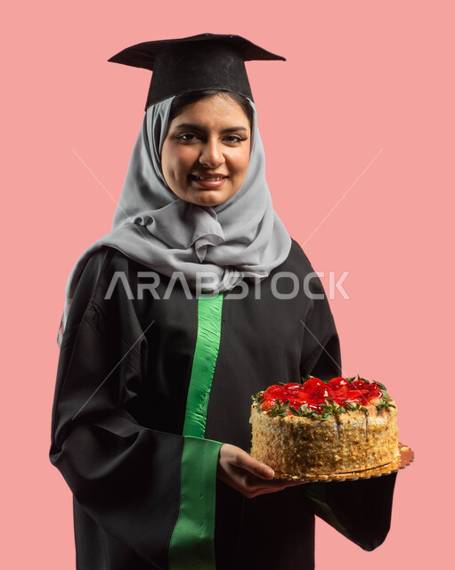 بورتريه لخريجة تحمل قالب الكيك المزين بالفواكه، إيماءات وجه تدل على السعادة، طالبة جامعية عربية سعودية خليجية ترتدي العباءة وقبعة التخرج، أجواء إحتفالية سعيدة، النجاح والتفوق والتخرج من الجامعة، التعليم في المملكة العربية السعودية، خلفية وردية