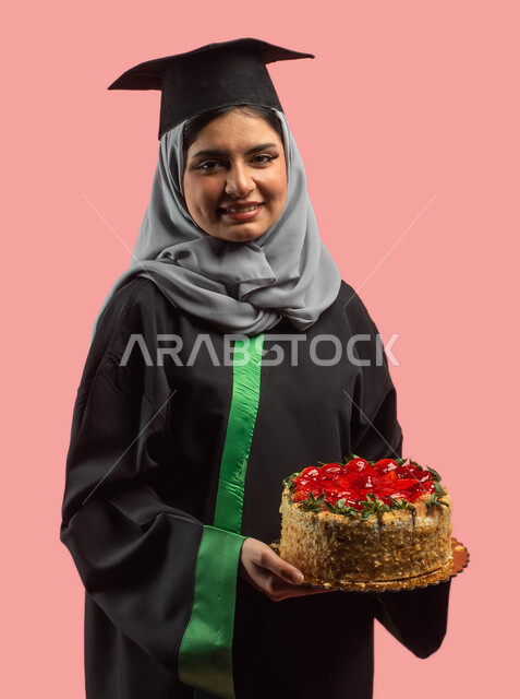 التعليم في المملكة العربية السعودية، خريجة تحمل قالب الكيك المزين بالفواكه، بورتريه لطالبة جامعية عربية سعودية خليجية ترتدي العباءة وقبعة التخرج، أجواء إحتفالية سعيدة، النجاح والتفوق والتخرج من الجامعة، إيماءات وجه تدل على السعادة، خلفية وردية