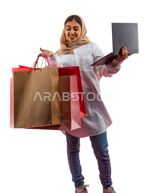 Online buying and selling, White Friday offers and discounts, facial gestures indicating enjoyment of shopping and buying gifts, a portrait of a Saudi