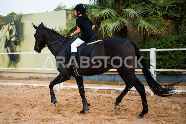 إسطبل الأحصنة في السعودية ، ممارسة هواية ركوب الخيل ، مزرعة تدريب وترويض الخيول ، أنشطة رياضية ترفيهية للأطفال في نادي الفروسية  ، فتاة عربية سعودية خليجية ترتدي زي الفروسية تركب جواد أسود أصيل ، قضاء أوقات ممتعة في التدرب على ركوب الجياد