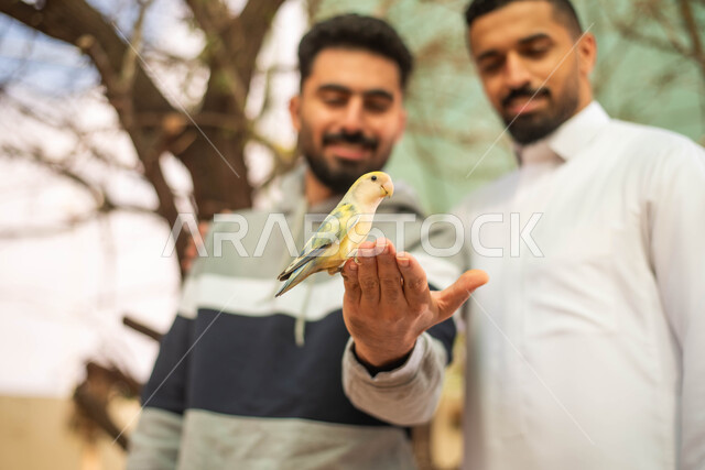  تربية ورعاية الحيوانات، فعاليات ترفيهية في موسم سفاري الرياض، صورة مقربة لرجلين عربيين خليجيين سعوديين يقضيان أوقات مسلية مع الطيور في محمية طبيعية في المملكة العربية السعودية.