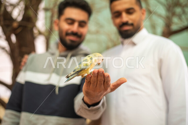 فعاليات ترفيهية في موسم سفاري الرياض، تربية ورعاية الحيوانات، ايماءات وجه تدل على الاستمتاع مع الصديق، صورة مقربة لرجلين عربيين خليجيين سعوديين يقضيان أوقات مسلية مع الطيور في محمية طبيعية في المملكة العربية السعودية.