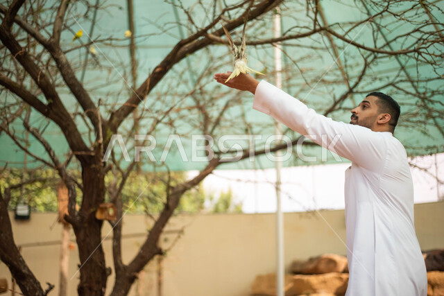 حيوانات برية في المحمية الطبيعية، أنشطة وفعاليات ترفيهية في موسم سفاري الرياض، رجل عربي سعودي خليجي يرتدي الثوب السعودي التقليدي و يقضي أوقات ممتعة في حديقة الحيوانات في المملكة العربية السعودية.