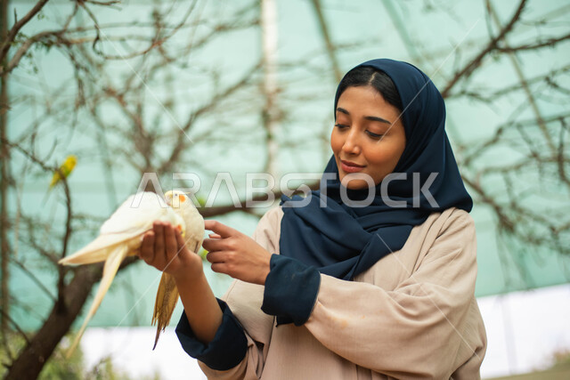 فعالية موسم سفاري الرياض، تربية ورعاية الطيور في مزارع مخصصة ، صورة مقربة لسيدة عربية  سعودية خليجية محجبة تلهو مع الطيور في حديقة الحيوانات في السعودية، طيور في المحمية الطبيعية ،  أماكن سياحية .