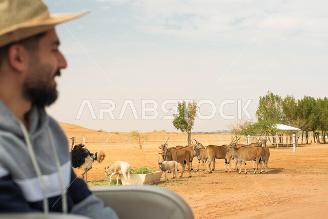 أنشطة و  فعاليات ترفيهية في موسم سفاري الرياض, صورة جانبية لشاب عربي خليجي سعودي يقوم بجولة سياحية في حديقة الحيوانات في المملكة العربية السعودية, قضاء أوقات ممتعة, ايماءات وجه تدل على السعادة و الاستمتاع.