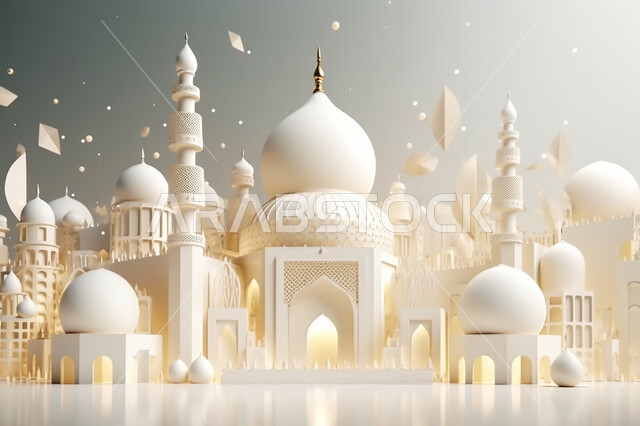 مجسمات ثلاثية الأبعاد  لمساجد بيضاء ،زينه الاعياد والمناسبات الدينية، عساكم من عواده ، قدوم شهر الخير ، اسلاميات و عباده, خلفية زخارف اسلاميه ثري دي