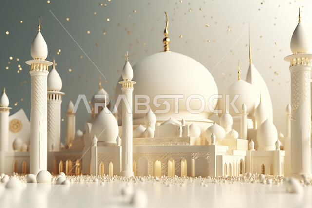 مجسمات ثلاثية الأبعاد  لمساجد بيضاء ،زينه الاعياد والمناسبات الدينية، عساكم من عواده ، قدوم شهر الخير ، اسلاميات و عباده, خلفية زخارف اسلاميه ثري دي