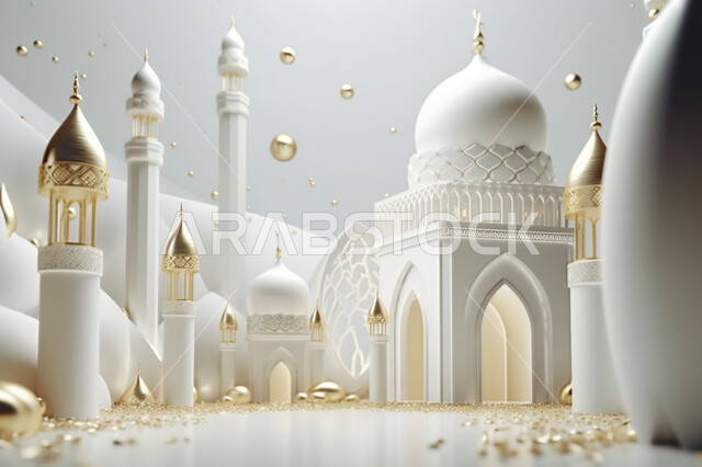 مجسمات ثلاثية الأبعاد  لمساجد بيضاء ،زينه الاعياد والمناسبات الدينية، عساكم من عواده ، قدوم شهر الخير ، اسلاميات و عباده, خلفية زخارف اسلاميه ثري دي