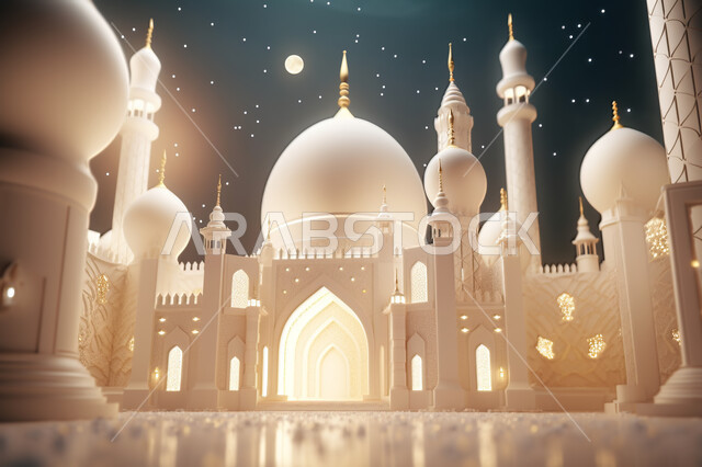 مجسمات ثلاثية الأبعاد  لمساجد بيضاء ،زينه الاعياد والمناسبات الدينية، عساكم من عواده ، قدوم شهر الخير ، اسلاميات و عباده, خلفية زخارف اسلاميه ثري دي