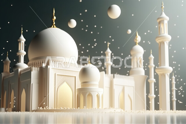 مجسمات ثلاثية الأبعاد  لمساجد بيضاء ،زينه الاعياد والمناسبات الدينية، عساكم من عواده ، قدوم شهر الخير ، اسلاميات و عباده, خلفية زخارف اسلاميه ثري دي