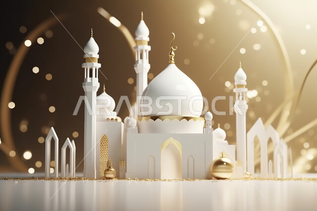 مجسمات ثلاثية الأبعاد  لمساجد بيضاء ،زينه الاعياد والمناسبات الدينية، عساكم من عواده ، قدوم شهر الخير ، اسلاميات و عباده, خلفية زخارف اسلاميه ثري دي