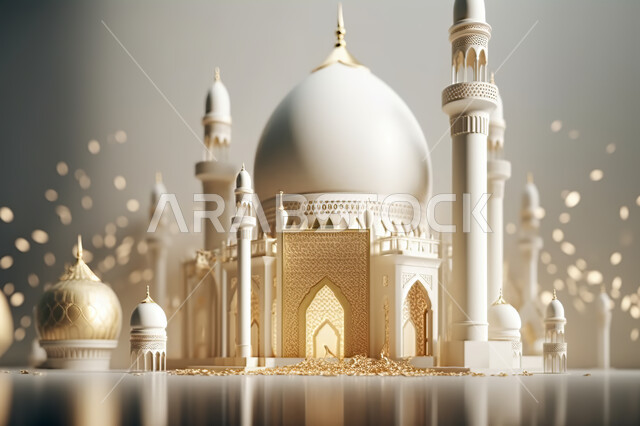 3D models of white mosques, decorations for holidays and religious occasions, may you be blessed with happiness, the advent of the month of goodness, Islam and worship, a background of 3D Islamic decorations