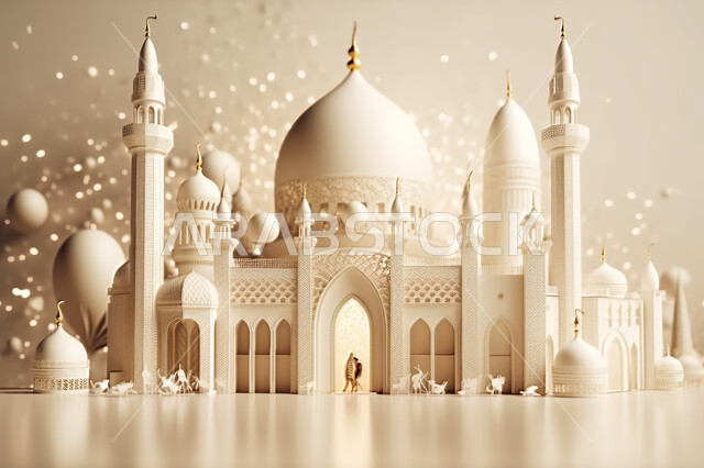 مجسمات ثلاثية الأبعاد  لمساجد بيضاء ،زينه الاعياد والمناسبات الدينية، عساكم من عواده ، قدوم شهر الخير ، اسلاميات و عباده, خلفية زخارف اسلاميه ثري دي