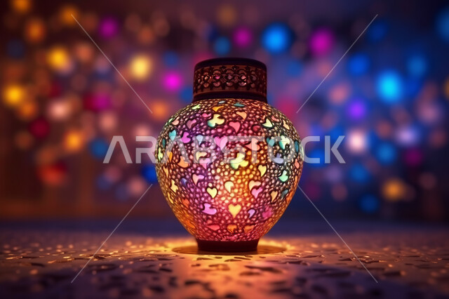 فوانيس معدنية ملونة و مزخرفة، تصاميم فوانيس ملونه مضيئه , تحف واكسسوارات شهر رمضان المبارك ،  زينة وأنوار للاعياد والمناسبات، عساكم من عواده ، قدوم شهر الخير ، خلفية اسلاميه ملونة
