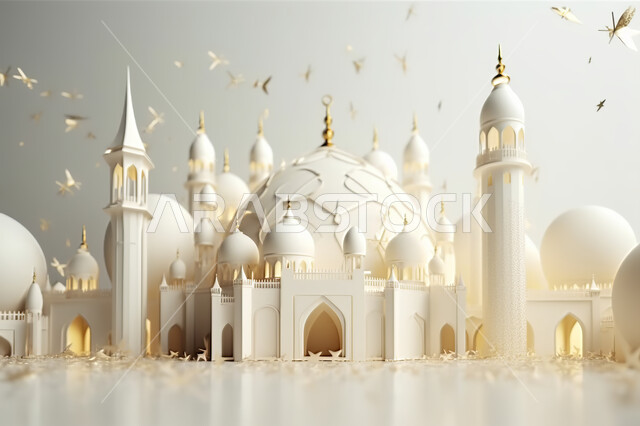 زينه الاعياد والمناسبات الدينية، مجسمات ثلاثية الأبعاد  لمساجد بيضاء , عساكم من عواده ، قدوم شهر الخير ، اسلاميات و عباده, خلفية زخارف اسلاميه ثري