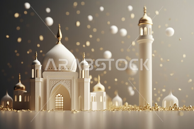 Decorations for holidays and religious occasions, three-dimensional models of white mosques, may you be blessed with happiness, the advent of the month of goodness, Islam and worship, a background of rich Islamic decorations