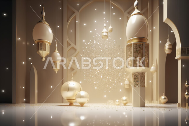 زينة وأنوار للاعياد والمناسبات الدينية ،تحف واكسسوارات شهر رمضان المبارك ، مجسمات ثلاثية الابعاد لفوانيس ذهبية مزخرفة،  عساكم من عواده ، قدوم شهر الخير ، خلفية زخارف اسلاميه ثري دي