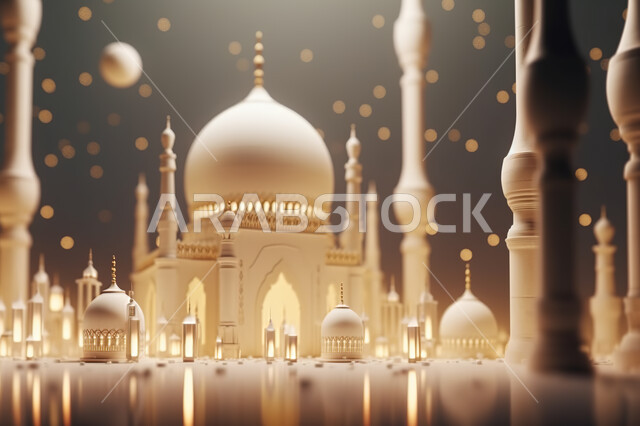 Decorations for holidays and religious occasions, 3D models of white mosques, may you be blessed with happiness, the advent of the month of goodness, Islam and worship, a background of 3D black Islamic decorations