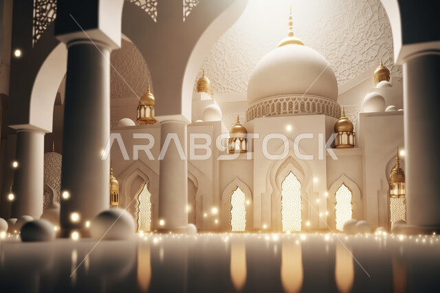 عساكم من عواده ،مجسمات ثلاثية الابعاد لمساجد وقبب بيضاء ،زينة الاعياد والمناسبات الدينية،  قدوم شهر الخير ، اسلاميات و عباده, خلفية زخارف اسلاميه ثري دي