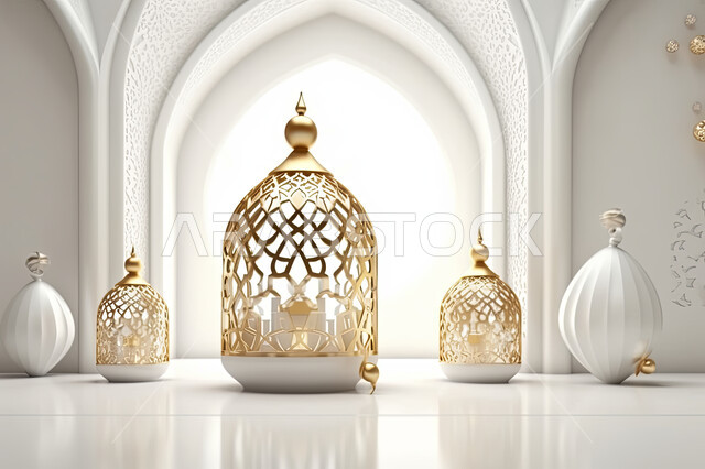مجسمات ثلاثية الابعاد لفوانيس بيضاء مزخرفة، تحف واكسسوارات شهر رمضان المبارك ،  زينة وأنوار للاعياد والمناسبات، عساكم من عواده ، قدوم شهر الخير ، خلفية زخارف اسلاميه ثري دي