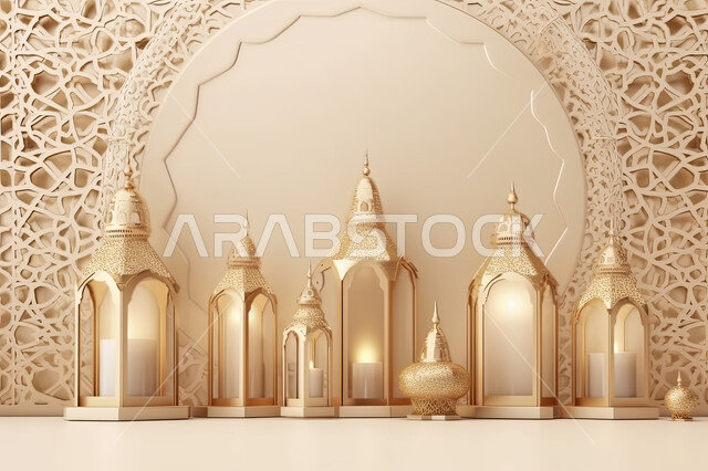 مجسمات ثلاثية الابعاد لفوانيس ذهبية مزخرفة، تحف واكسسوارات شهر رمضان المبارك ،  زينة وأنوار للاعياد والمناسبات، عساكم من عواده ، قدوم شهر الخير ، خلفية زخارف اسلاميه ثري دي