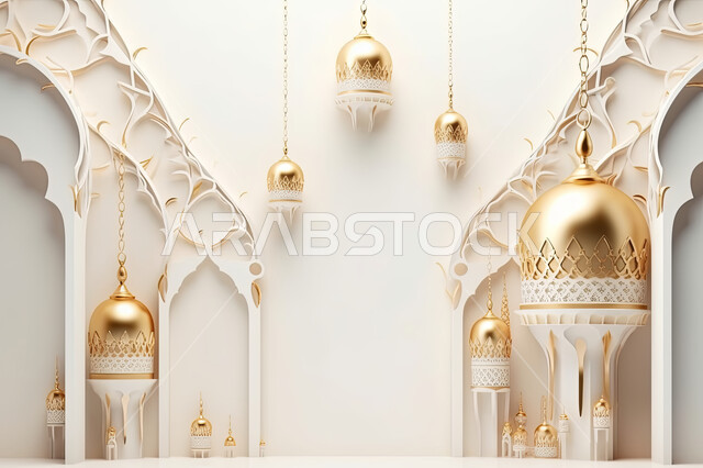 مجسمات ثلاثية الابعاد لفوانيس بيضاء مزخرفة، تحف واكسسوارات شهر رمضان المبارك ،  زينة وأنوار للاعياد والمناسبات، عساكم من عواده ، قدوم شهر الخير ، خلفية زخارف اسلاميه ثري دي