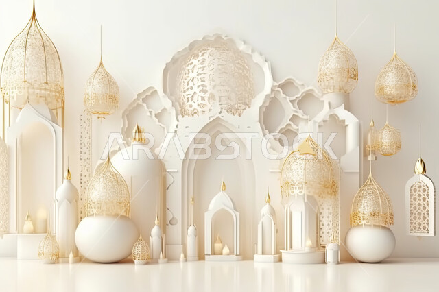 عساكم من عواده ،مجسمات ثلاثية الابعاد لمساجد وقبب بيضاء ،زينة الاعياد والمناسبات الدينية،  قدوم شهر الخير ، اسلاميات و عباده, خلفية زخارف اسلاميه ثري دي