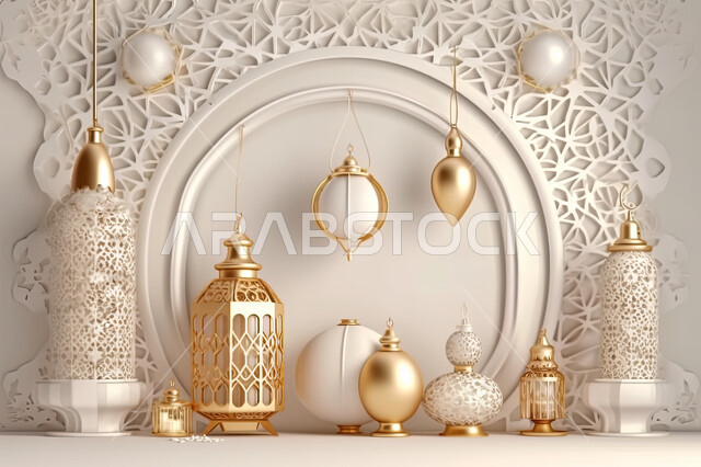 مجسمات ثلاثية الابعاد لفوانيس بيضاء مزخرفة، تحف واكسسوارات شهر رمضان المبارك ،  زينة وأنوار للاعياد والمناسبات، عساكم من عواده ، قدوم شهر الخير ، خلفية زخارف اسلاميه ثري دي