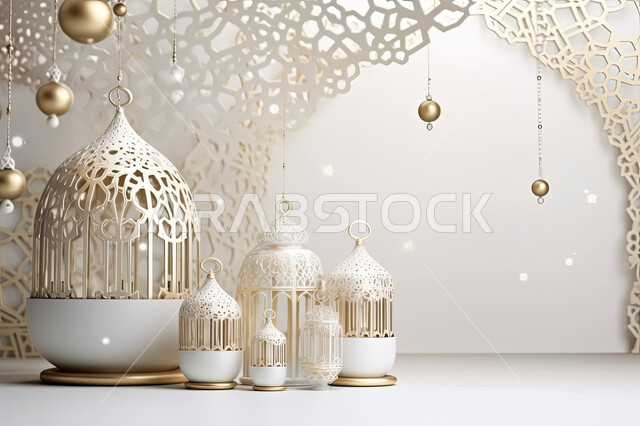 مجسمات ثلاثية الابعاد لفوانيس بيضاء مزخرفة، تحف واكسسوارات شهر رمضان المبارك ،  زينة وأنوار للاعياد والمناسبات، عساكم من عواده ، قدوم شهر الخير ، خلفية زخارف اسلاميه ثري دي
